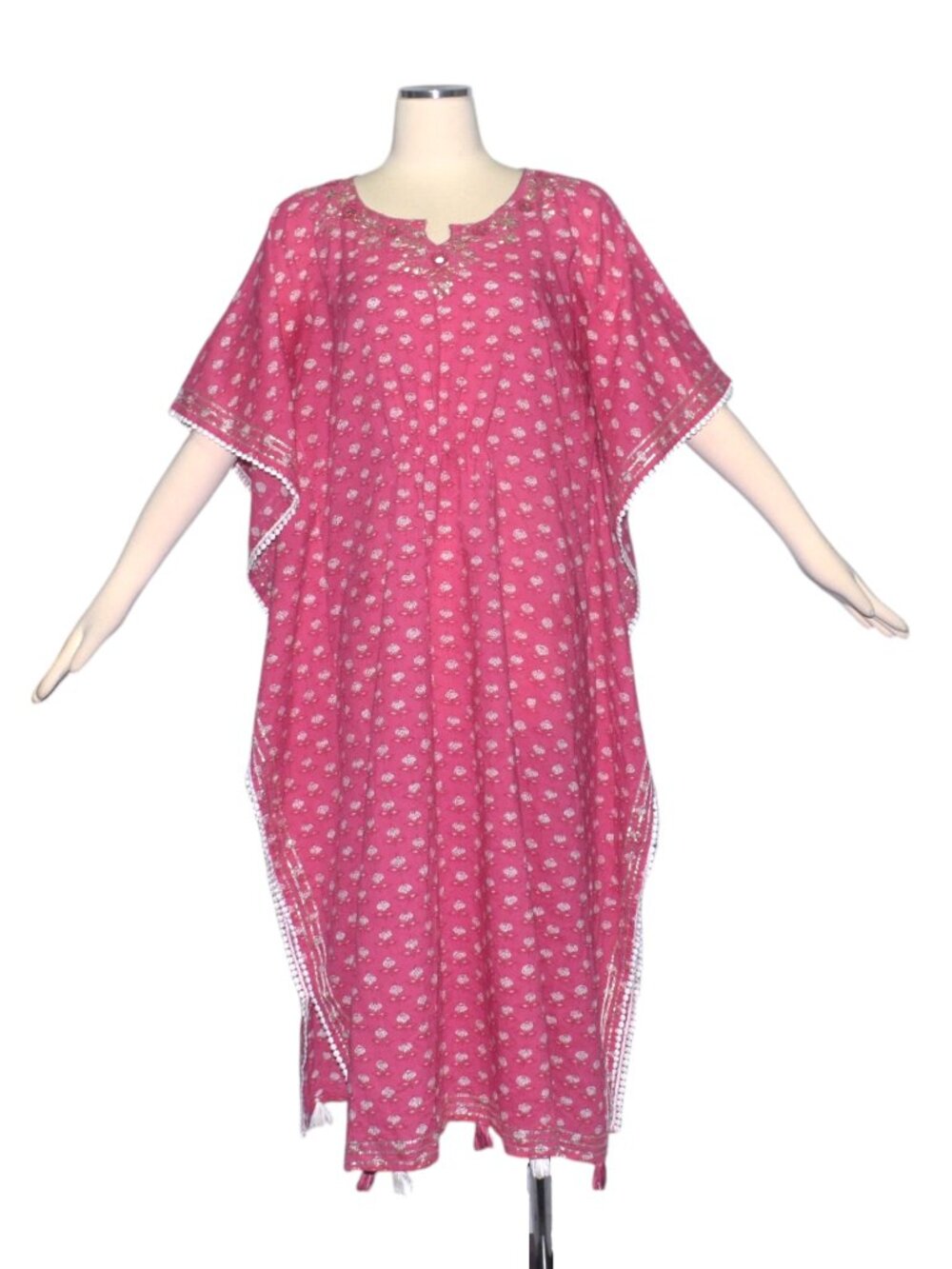 Boho Caftan Dress Cotton Block Print Floral Metallic Trims Shahenaz India XL